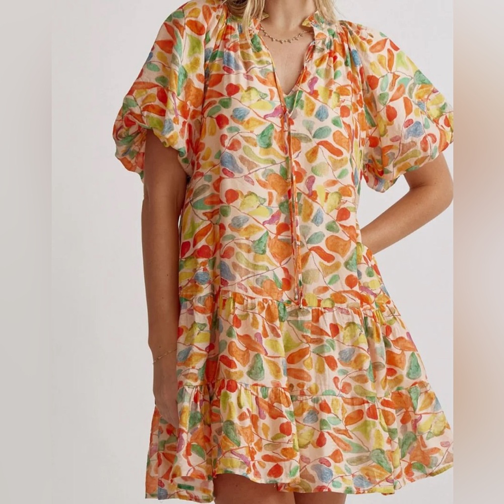 Leaf Print Bubble Sleeve Tiered Dress - Orange